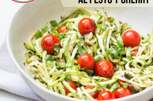 Spaghetti de zucchini al pesto y cherry