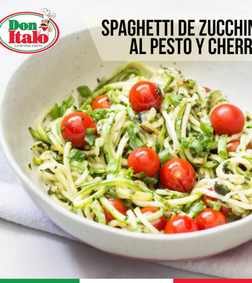 Spaghetti de zucchini al pesto y cherry